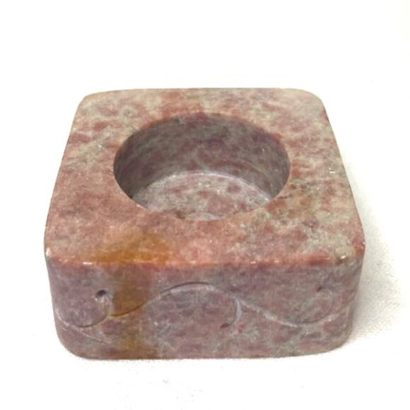 Vtg Soapstone Votive Tea Light Holder Pink Square Carved Scroll Boho - Picture 3 of 6